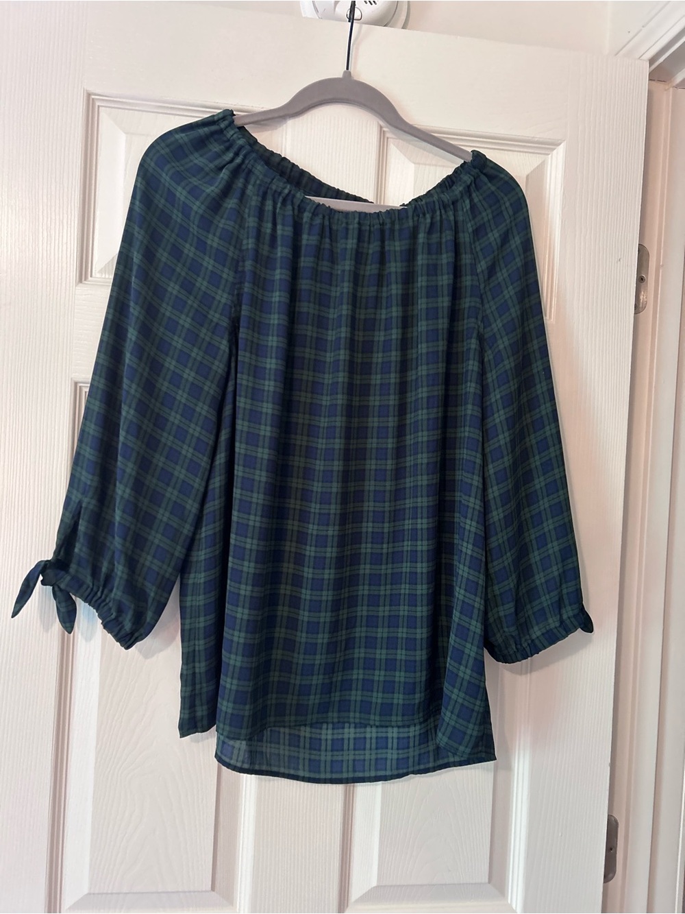Talbots On or Off-the-Shoulder Blackwatch Plaid Blouse with tie wrist detail